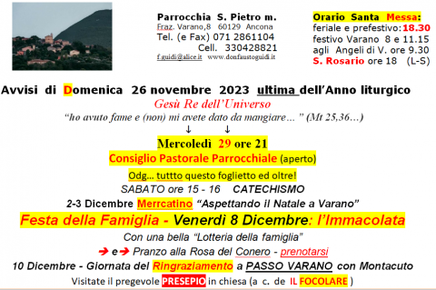 Avvisi di Domenica 26 novembre  2023  XXXIV - ultima  dell'Anno liturgico - Fate discepoli tutti i popoli